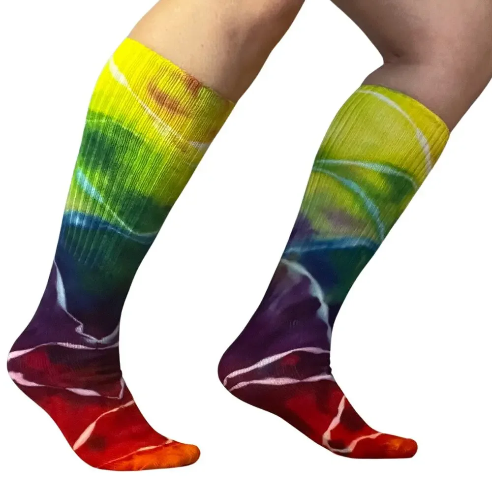 Ice Dyed Bamboo Socks - Tie Dye Stockings - Rainbow Red Yellow Green (One Size)
